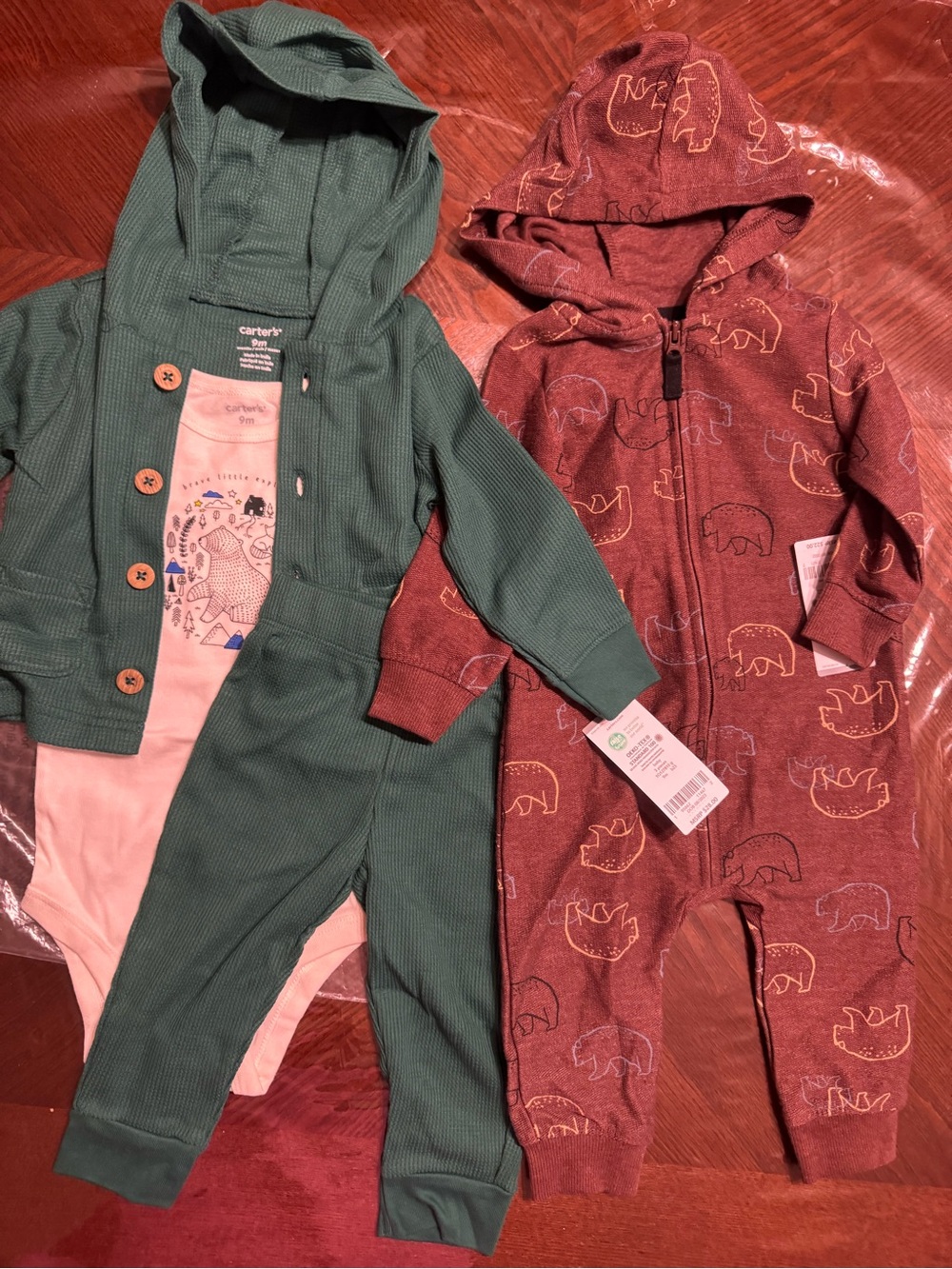 Carter's baby boy Green Hooded Ribbed 3-Piece and Maroon Bear Print Zip Romper